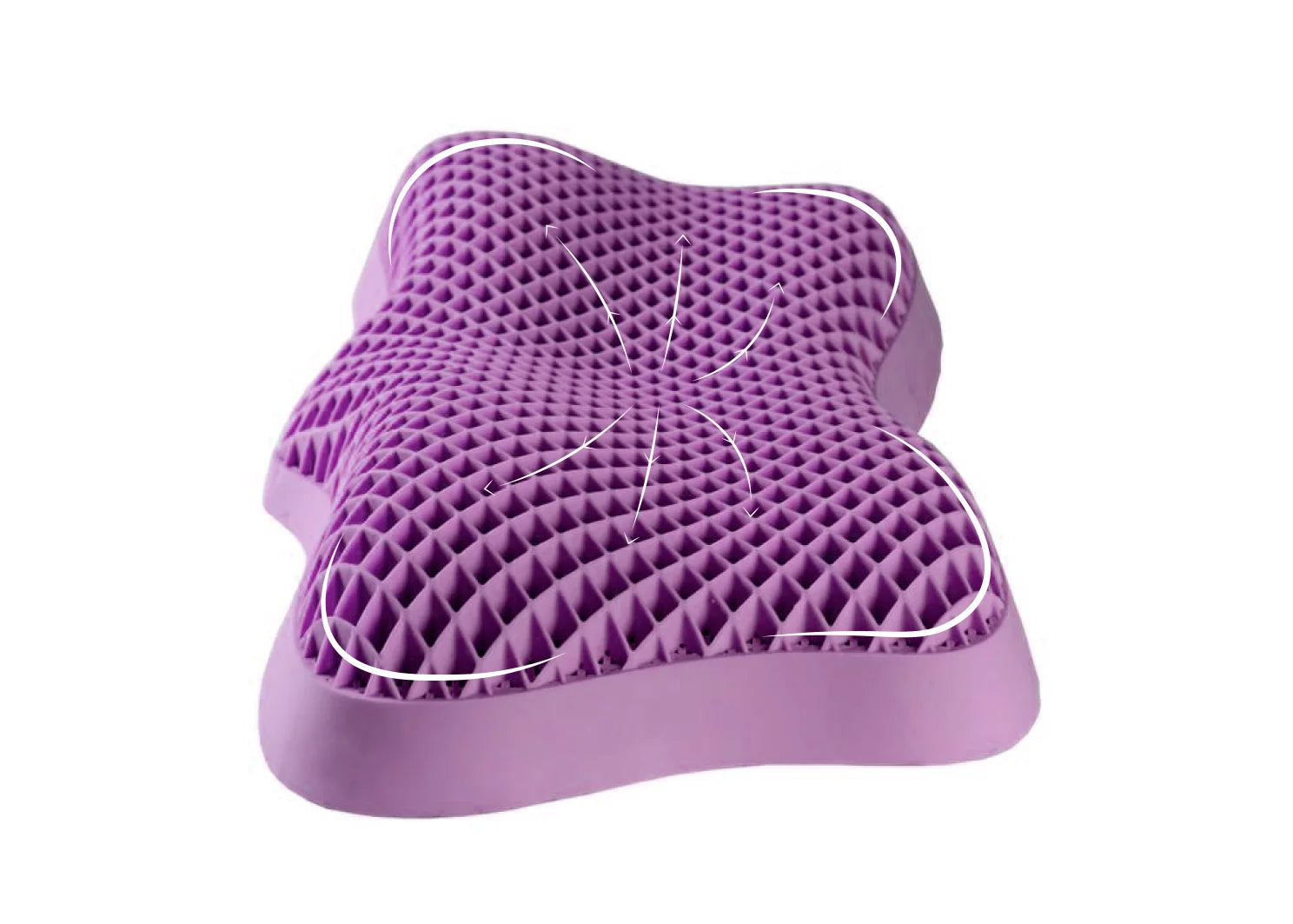 travesseiro airgelly iws roxo destacando seu formato borboleta do travesseiro foi projetado para se adaptar perfeitamente à curvatura natural da cabeça e pescoço, proporcionando um suporte anatômico ideal. Isso ajuda a manter a coluna alinhada, reduzindo a tensão e a pressão nos músculos e nas articulações.