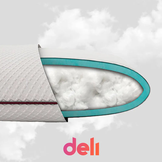 Logo travesseiro Deli i wanns sleep, imagem destacando seu  enchimento AirFiber de alto padrão composto por um blend de fibras com toque de pluma, que proporciona um conforto único e espuma Memory Foam IWS também conhecida como “espuma de memória”, absorve o impacto ao deitar e possui propriedades para alívio de dores, uma vez que elimina os pontos de pressão da cabeça e pescoço.