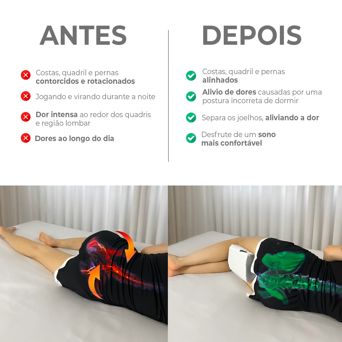 Antes e depois de utilizar o apoio de joelho coluna relax da iws, após o uso nota-se o alinhamento das costas, quadril e pernas, o alívio de dores causadas por postura incorreta , alivio de dores ao separar os joelhos e um sono muito mais confortável e reparador