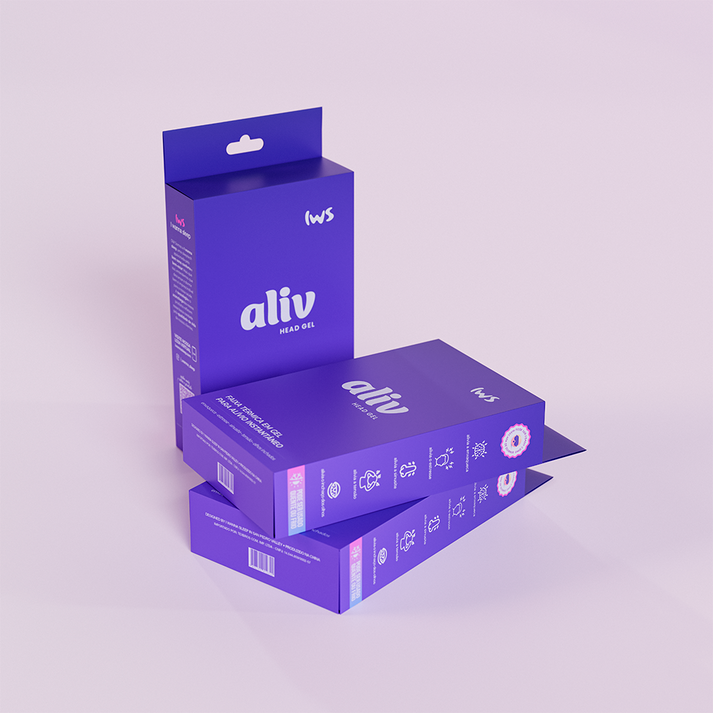 Duas caixas do produto Aliv™ Head Gel IWS na cor roxa dispostas uma sobre a outra
