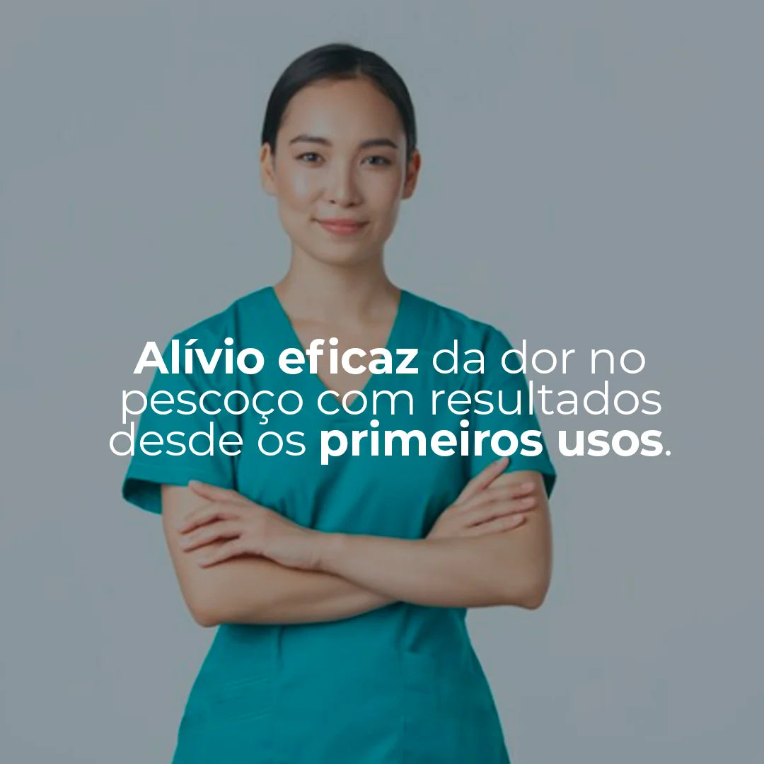 mulher especialista de braços cruzados e cabelo escuro com uma frase que diz que o alívio eficaz da dor no pescoço com resultados desde os primeiros usos, promovendo o travesseiro cervical coluna relax e seus benefícios para quem o utiliza