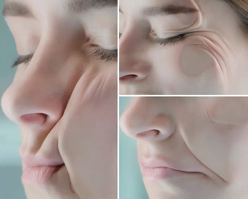 Mulher branca com a lateral do rosto pressionada contra a tela ilustrando como nossa pele fica marcada quando deitamos em travesseiros comuns que causam as rugas do sono formadas por linhas na vertical