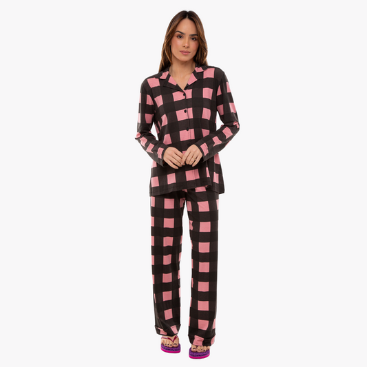 Pijama Feminino IWS Cardigan Longo Xadrez Rosa