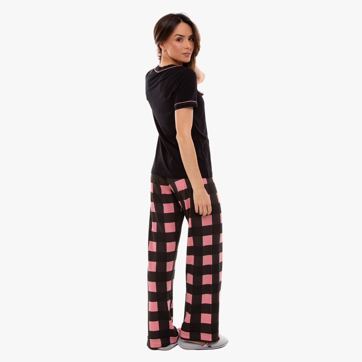 Pijama Feminino IWS Manga Curta com Calça Xadrez Rosa