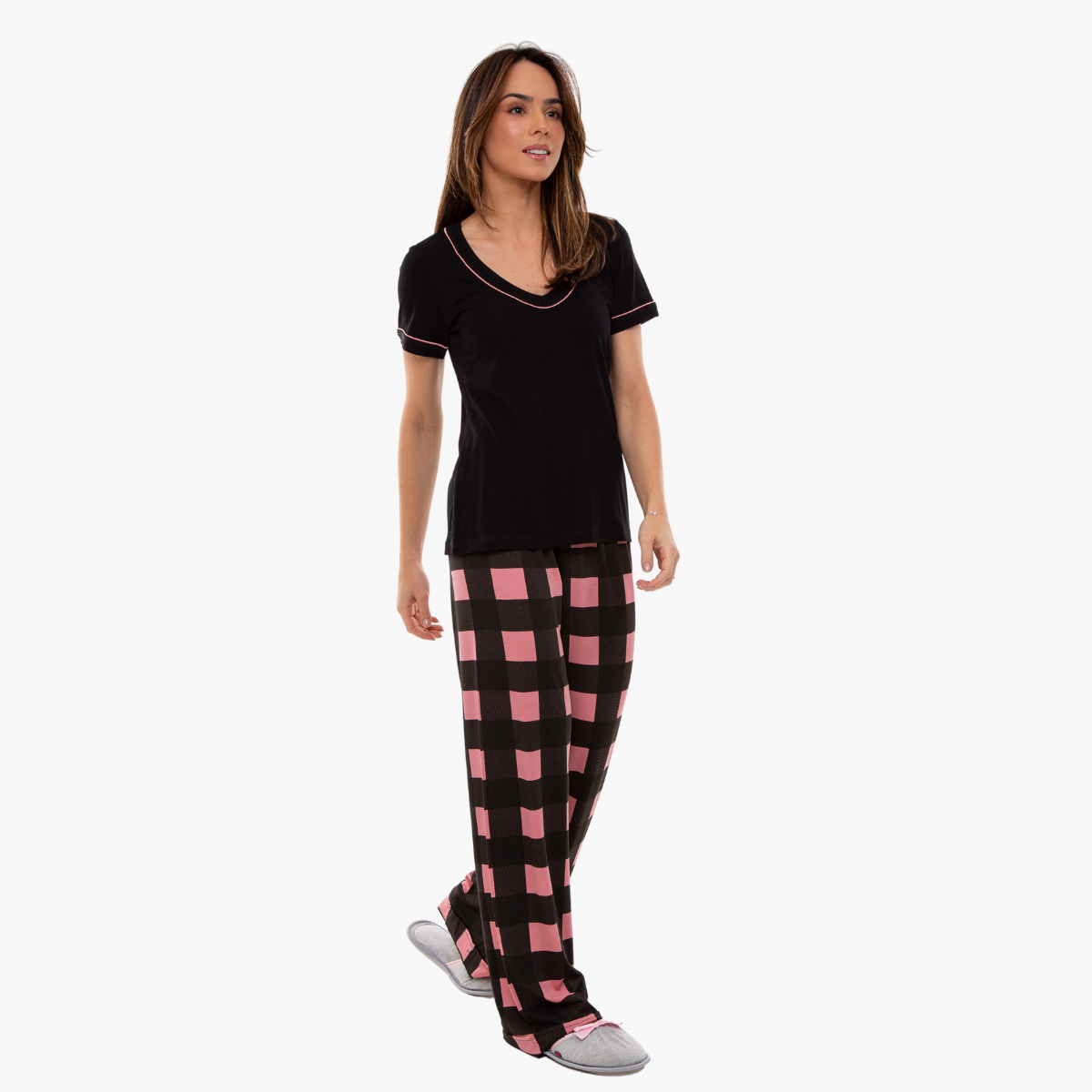 Pijama Feminino IWS Manga Curta com Calça Xadrez Rosa