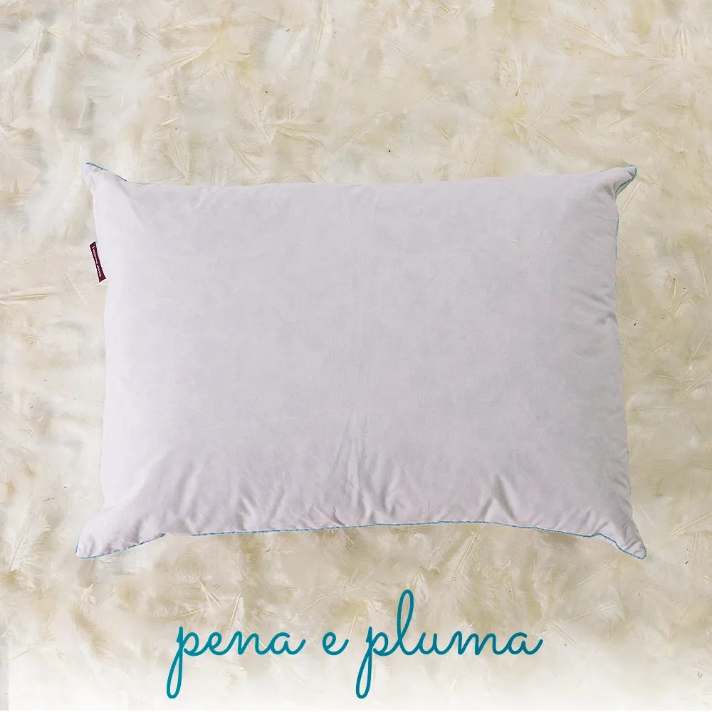 Travesseiro confortável e macio de penas e plumas de ganso na cor branca com fundo de penas de ganso, na parte inferior da imagem temos a logo do produto na cor azul escrito "pena e pluma"